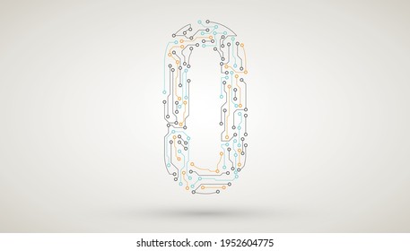 Computer motherboard circuit board electronic elements letter O. Chip electronic pattern for computer technology, motherboard integrated computing illustration, Abstract vector technology icon.