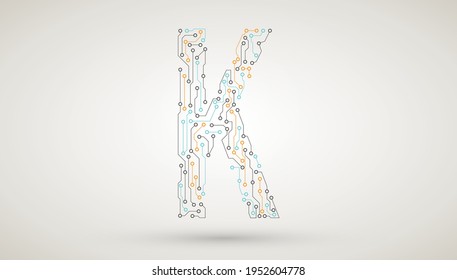 Computer motherboard circuit board electronic elements letter K. Chip electronic pattern for computer technology, motherboard integrated computing illustration, Abstract vector technology icon.