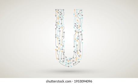 Computer motherboard circuit board electronic elements letter U. Chip electronic pattern for computer technology, motherboard integrated computing illustration, Abstract vector technology icon.