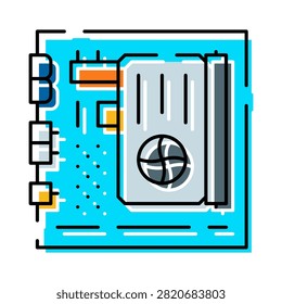 Computer motherboard illustrating microchips, ports, circuit traces, and a cooling fan, symbolizing modern technology, pc building, and digital information processing