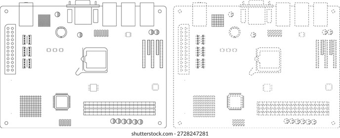 Computador placa-mãe ícone de contorno conjunto com traço sólido e tracejado, placa de circuito hardware layout linha desenho isolado no vetor de fundo branco
