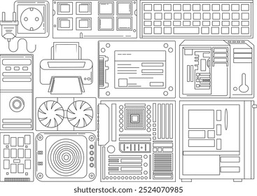 Computer Motherboard Parts icon set for logo and T-Shirt. Thin line art editable stroke.