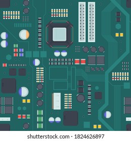 Computer motherboard seamless pattern. Board green with inputs connecting plata electronic red microchips integrated yellow semiconductors compartment central processor capacitors. Vector pattern.