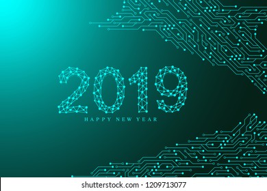 Computer motherboard vector background with circuit board electronic elements. Text design Christmas and Happy new year 2019. Electronic texture for computer technology, engineering concept.