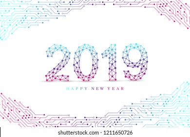 Computer motherboard vector background with circuit board electronic elements. Text design Christmas and Happy new year 2019. Electronic texture for computer technology, engineering concept 2019.