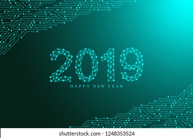 Computer motherboard vector background with circuit board electronic elements. Text design Christmas and Happy new year 2019. Electronic texture for computer technology, engineering concept 2019