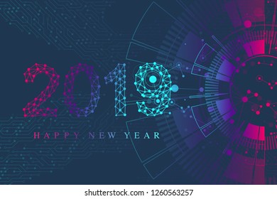 Computer motherboard vector background with circuit board electronic elements. Text design Christmas and Happy new year 2019. Electronic texture for computer technology, engineering concept 2019.
