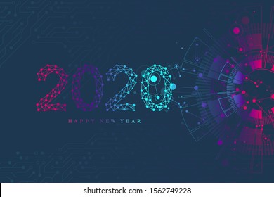 Computer motherboard vector background with circuit board electronic elements. Text design Christmas and Happy new year 2020. Electronic texture for computer technology, engineering concept 2020