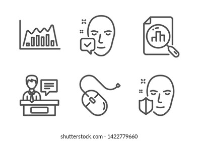 Computer mouse, Analytics graph and Infographic graph icons simple set. Face accepted, Exhibitors and Face protection signs. Pc device, Chart report. Science set. Line computer mouse icon. Vector
