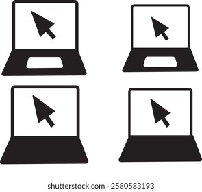 computer and mouse arrow, Black laptop with tick and cross icons,
