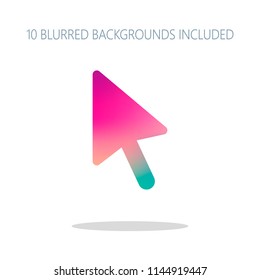 computer mouse arrow icon. Colorful logo concept with simple shadow on white. 10 different blurred backgrounds included