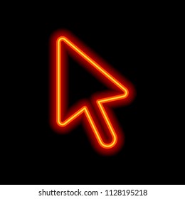 computer mouse arrow icon. Orange neon style on black background. Light icon