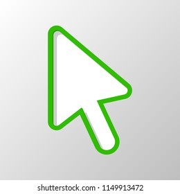 computer mouse arrow icon. Paper style. Cut symbol with green bold contour on shape and simple shadow