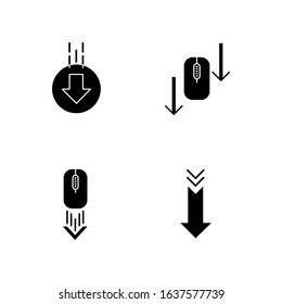 Computer mouse and arrowheads black glyph icons set on white space. Scrolling down and uploading indicators. Arrows interface navigational buttons. Silhouette symbols. Vector isolated illustration