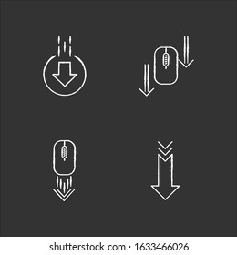 Computer mouse and arrowheads chalk white icons set on black background. Scrolling down and uploading indicators. Arrows interface navigational buttons. Isolated vector chalkboard illustrations