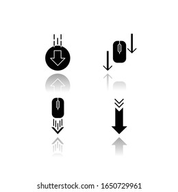 Computermaus und Pfeilspitzen fallen Schatten schwarzen Glyph-Symbole gesetzt. Scrollen Sie nach unten und laden Sie die Anzeigen hoch. Pfeiltasten für die Navigation. Einzelne Vektorgrafiken auf weißem Hintergrund