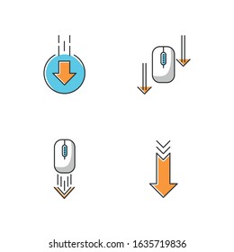 Computer mouse and arrowheads RGB color icons set. Scrolling down and uploading indicators. Arrows interface navigational buttons. Website page cursor. Isolated vector illustrations