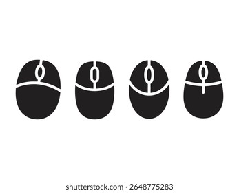 Computer mouse black silhouette icon. Computer mouse icons in various perspectives. PC mouse icon isolate, mouse flat sign, symbol clipart design, UX UI icon.
