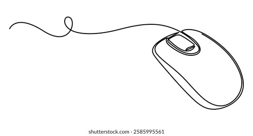 Computer Mouse Black Stroke Linear Icon, continuous one line drawing, Computer mouse, Computer mouse. Icon with reflection on white background, Computer Mouse line icon Editable Stroke.