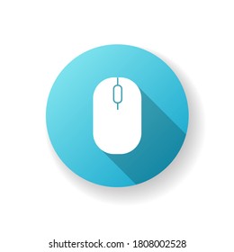 Computer mouse blue flat design long shadow glyph icon. Click to scroll. Browse internet. Electronic device to work with computer. Optical technology for laptop. Silhouette RGB color illustration