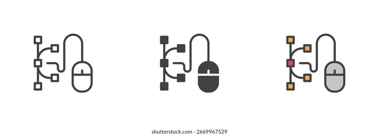 Computer mouse with branching nodes in different style icon set. Line, solid and filled outline versions. Color vector sign and symbol for UX flow, connection map and process icon.