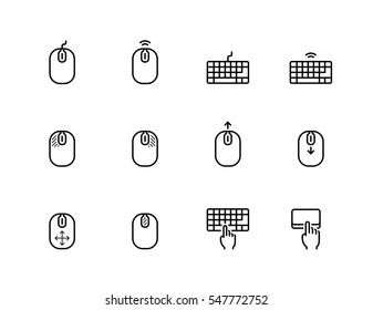 Computer Mouse, Its Buttons Indication And Keyboard Vector Icon Set In Thin Line Style