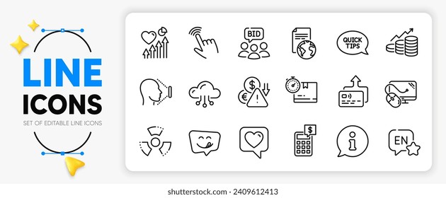 Computer mouse, Card and Yummy smile line icons set for app include Heart, Growth chart, Calculator outline thin icon. Heart beat, Translation service, Quickstart guide pictogram icon. Vector