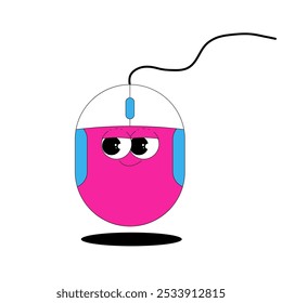 Computer mouse character with cute face. Funny mascot in 70s 80s style. Vector illustration in retro groovy style on transparent background