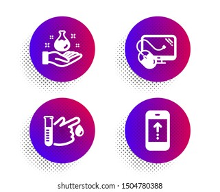 Computer mouse, Chemistry lab and Blood donation icons simple set. Halftone dots button. Swipe up sign. Pc component, Laboratory, Medicine analyze. Scrolling screen. Science set. Vector