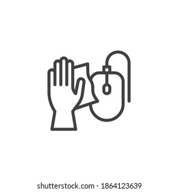 Symbol für die Reinigung der Computermaus. lineares Stilzeichen für mobiles Konzept und Webdesign. PC-Maus desinfizieren Wischwasser Umriss-Vektorsymbol. Symbol, Logo-Abbildung. Vektorgrafik