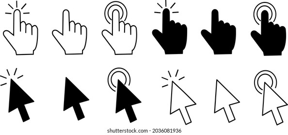 Computer mouse click cursor arrow icons set vector illustration. Cursor icon. Mouse click cursor collection. Hand clicking icon set. Finger cursor vector.