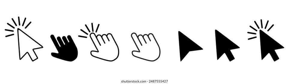 Computer mouse click cursor arrow icons set. Clicking cursor. Hand cursors icons click set. Pointer click icon. Loading icon on transparent background.
