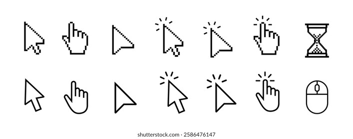 Computer mouse click cursor arrow icons set with hand pointers, clicking effects, and loading symbols. Ideal for web design, user interface, and digital applications. Vector illustration.