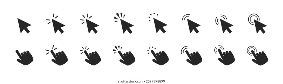 Computer mouse click cursor arrow icons set and loading icons. Clicking, selecting, dragging actions. Editable stroke