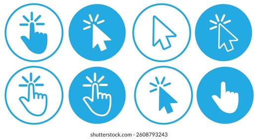Computer mouse click cursor arrow icons set. Clicking cursor. Hand cursors icons click set. Pointer click icon. Loading icon.  hand pointer icon.
