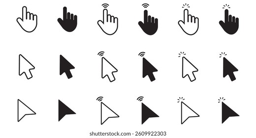 Computer mouse click cursor arrow icons set with hand pointers, clicking effects, and loading symbols. Ideal for web design, user interface, and digital applications. 