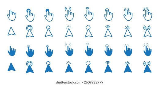 Computer mouse click cursor arrow icons set with hand pointers, clicking effects, and loading symbols. Ideal for web design, user interface, and digital applications. 