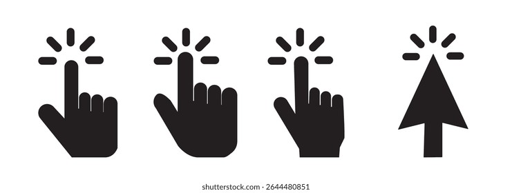 Computer mouse click cursor arrow icons set. Clicking cursor. Hand cursors icons click set. Pointer click icon. Loading icon on transparent background