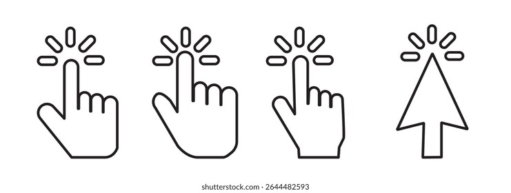 Computer mouse click cursor arrow icons set. Clicking cursor. Hand cursors icons click set. Pointer click icon. Loading icon on transparent background