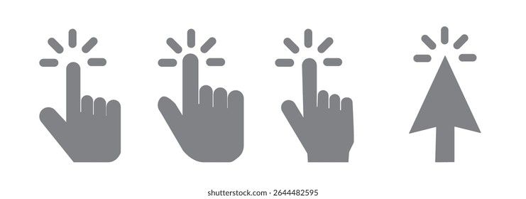 Computer mouse click cursor arrow icons set. Clicking cursor. Hand cursors icons click set. Pointer click icon. Loading icon on transparent background