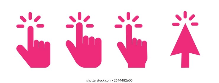 Computer mouse click cursor arrow icons set. Clicking cursor. Hand cursors icons click set. Pointer click icon. Loading icon on transparent background