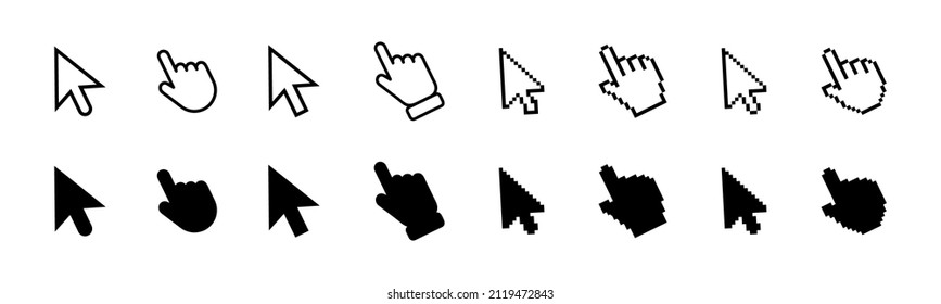 Computer mouse click cursor.  Mouse click cursor collection. Set of Hand Cursor icons click and. Black cursor set. Hand pointer icons. Vector graphic EPS 10