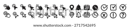 Computer mouse click cursor. Cursors icons click set. Clicking cursor, pointing hand clicks icons.