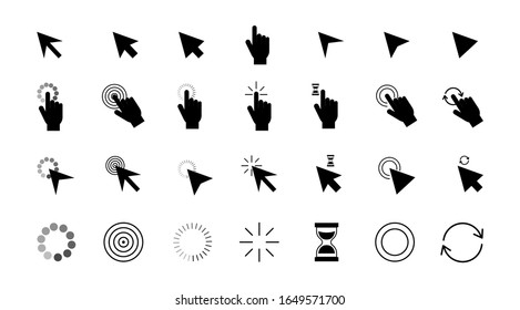 Computer mouse click cursor, gray arrow icons set in flat style vector illustration eps 10.