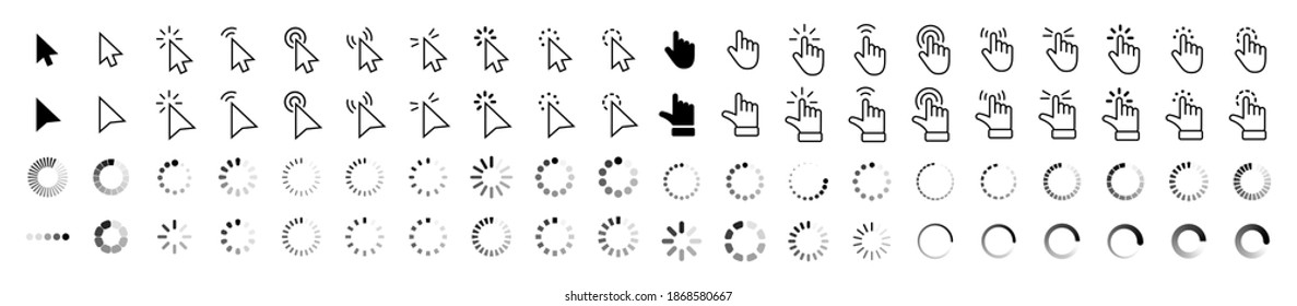 Computer mouse click cursor gray arrow icons set and loading icons. Cursor icon. Vector illustration. Mouse click cursor collection