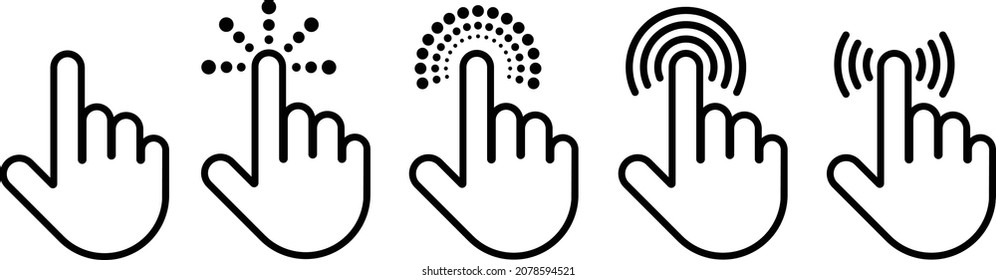 Computer mouse click cursor gray arrow icons set. Clicking cursor, pointing hand clicks and waiting loading icons. And icon design. Pointer click icon. loading icon. Vector illustration.