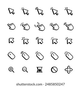 Computer mouse click cursor gray arrow icons set and loading icons. Cursor icon. Vector illustration. Mouse click cursor collection.