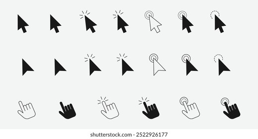 Hacer clic del ratón del ordenador cursor conjunto de iconos de flecha gris y la carga de iconos. Icono de cursor. Ilustración vectorial. Colección del cursor del Hacer clic del ratón. Conjunto de Vector de icono de Hacer clic. Puntero del cursor haciendo clic en la colección de símbolos.