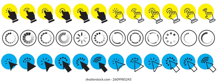Computer mouse click cursor gray arrow icons set and loading icons. Cursor icon. Vector illustration. Mouse click cursor collection
