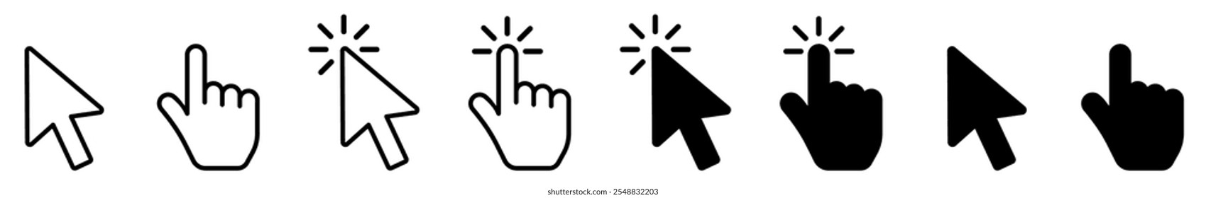 Computer mouse click cursor and hand cursor icons set. Pointer click. Clicking finger. Hand pointer symbol. Vector Illustration